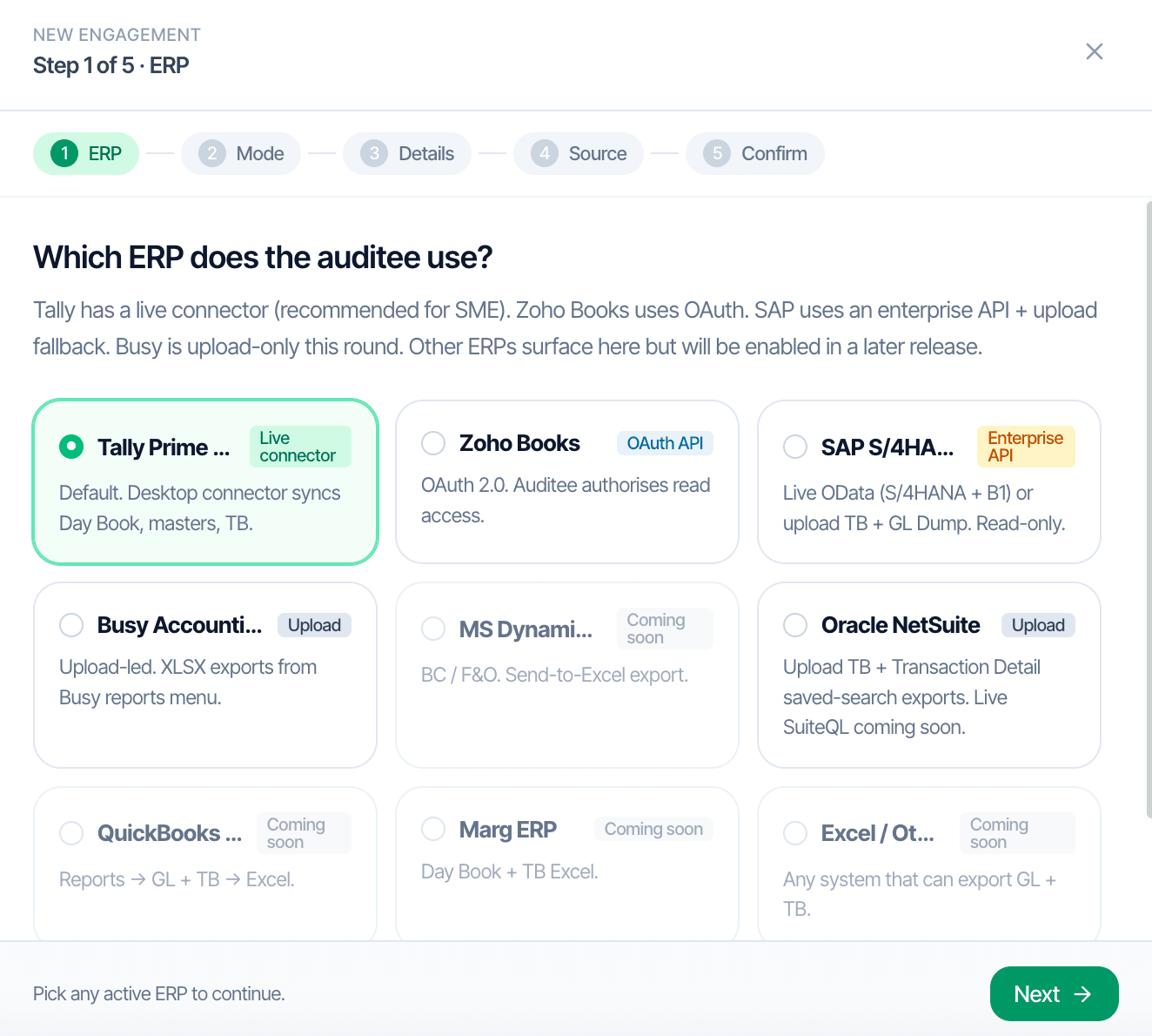 CORAA Engagement Setup, Step 1 of 5, ERP picker