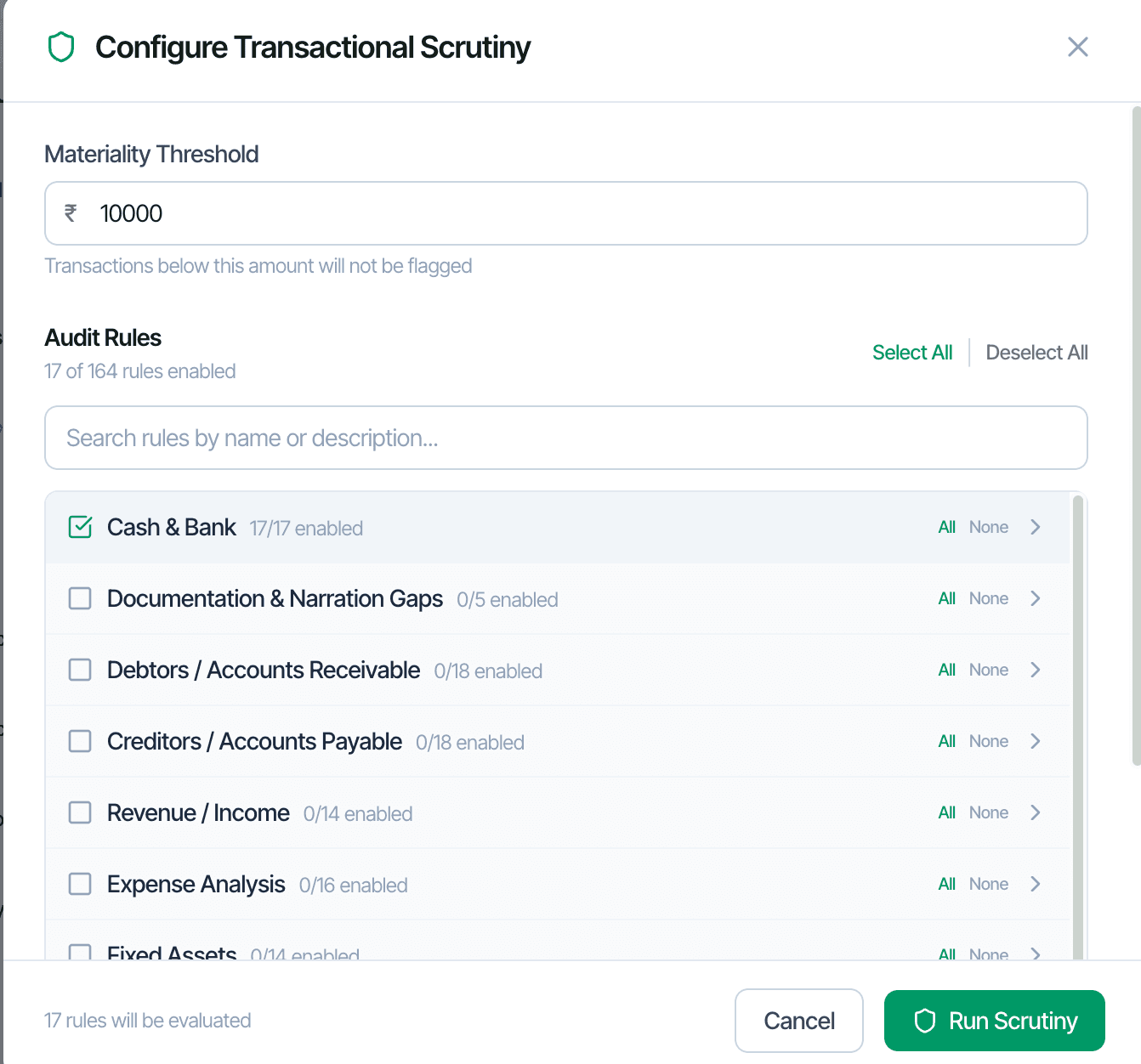 Configure Transactional Scrutiny, 164 rules across 13 modules