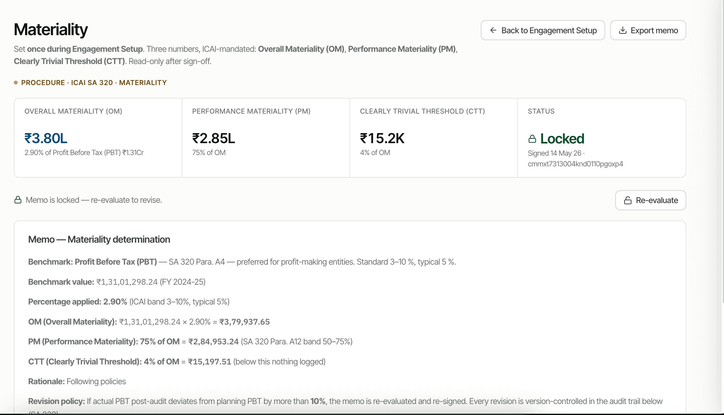 CORAA Materiality memo locked under SA 320