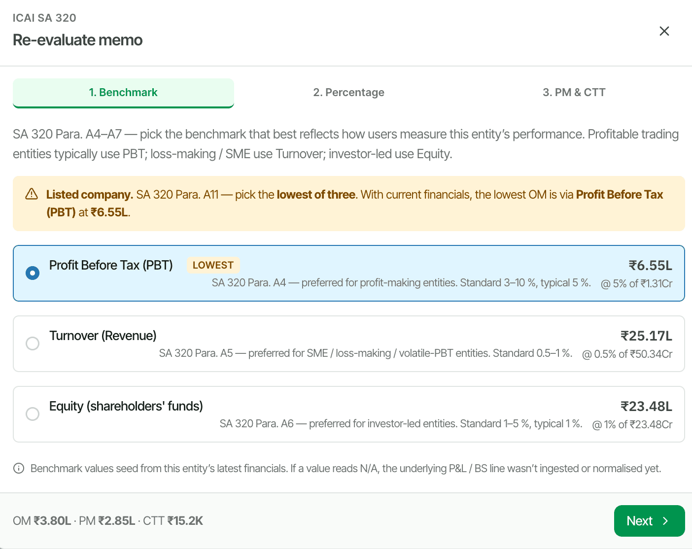CORAA materiality benchmark step in the planning workflow