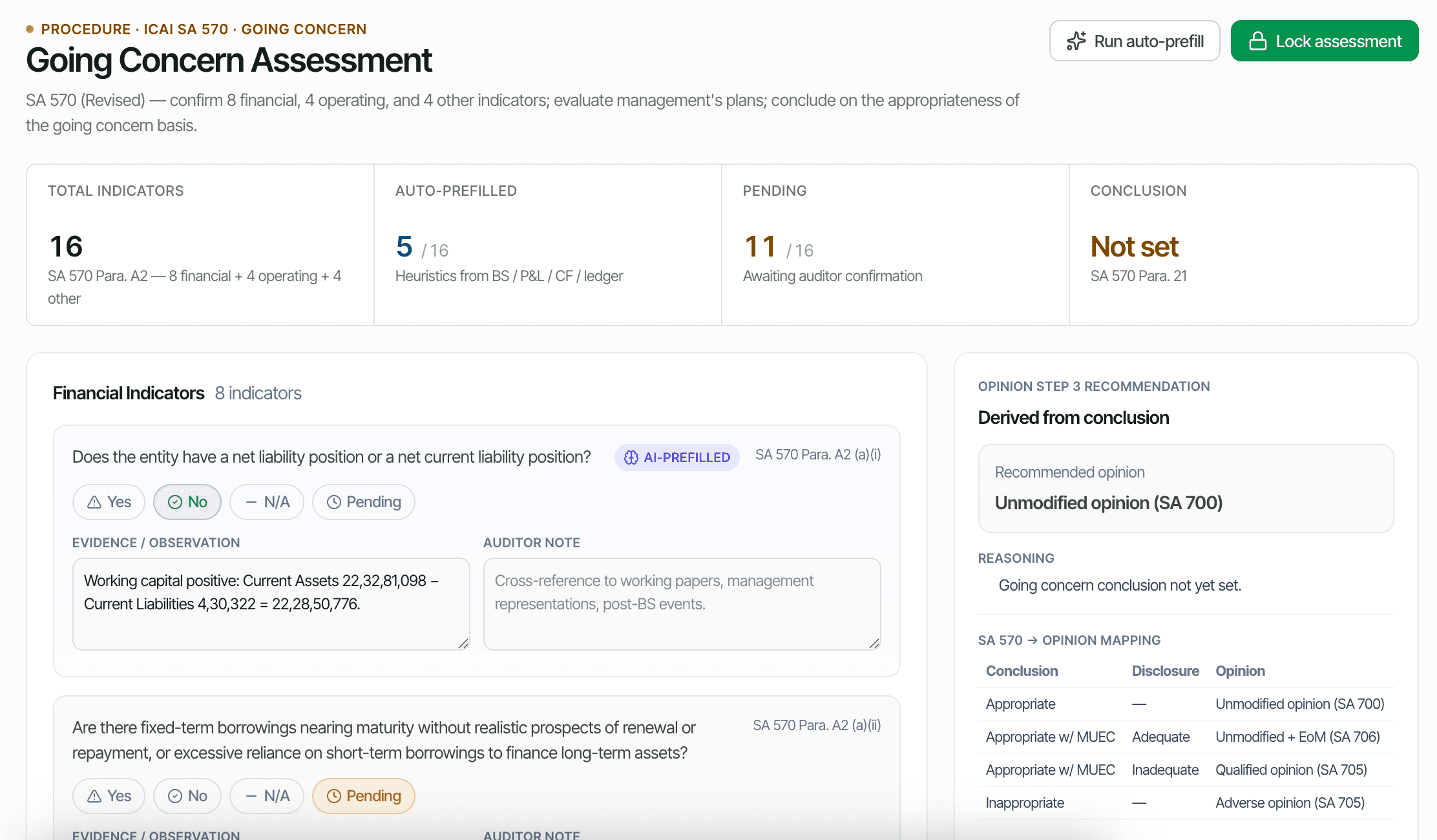 CORAA Going Concern Assessment with 16 indicators