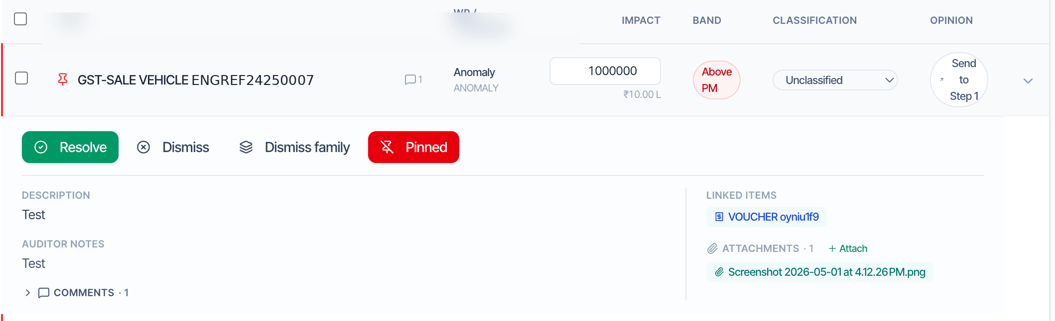 Finding detail with resolve, dismiss, and pin actions
