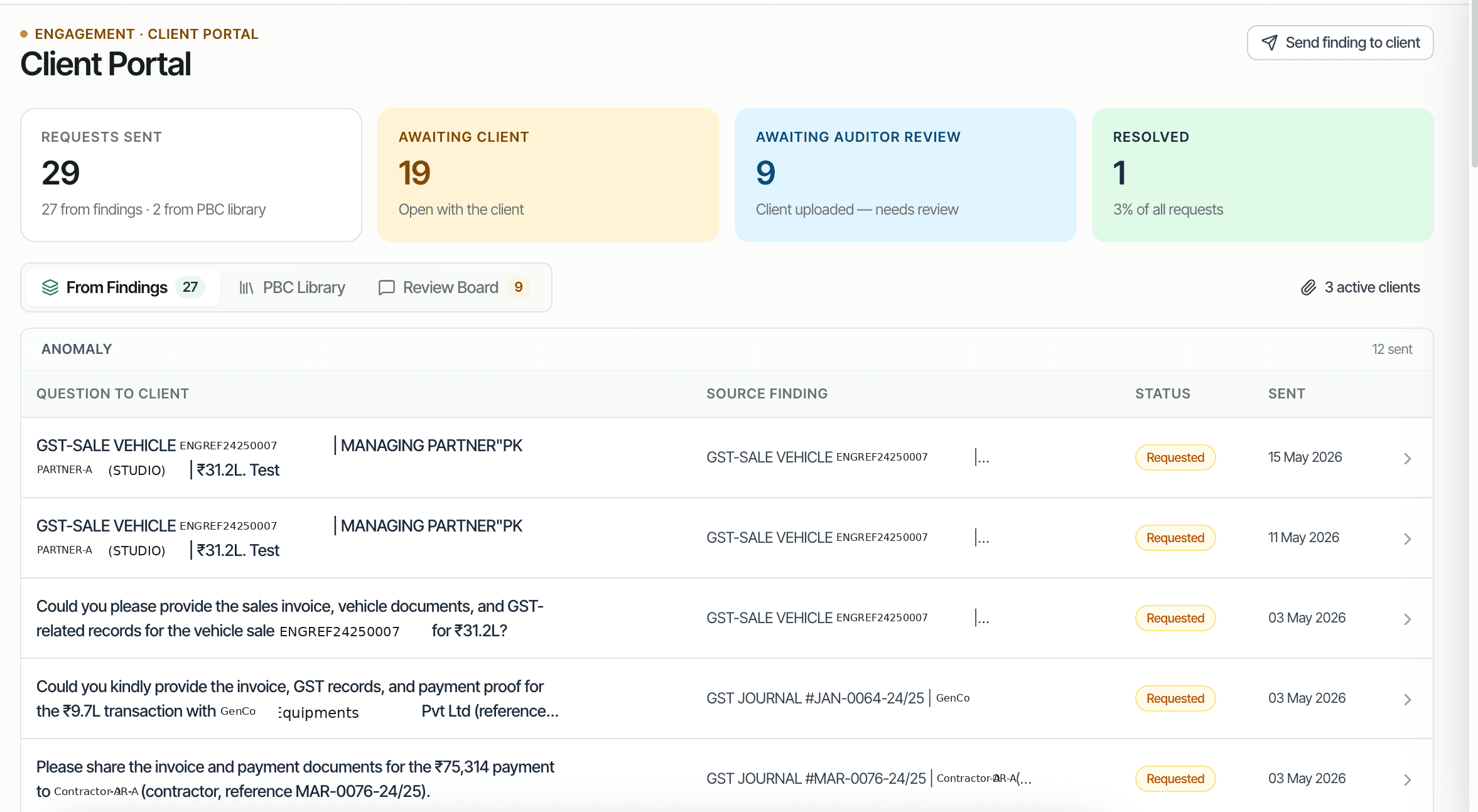 CORAA Client Portal, questionnaire built from findings