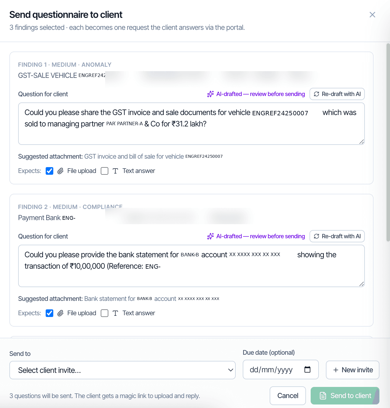 Send questionnaire compose with AI-drafted questions