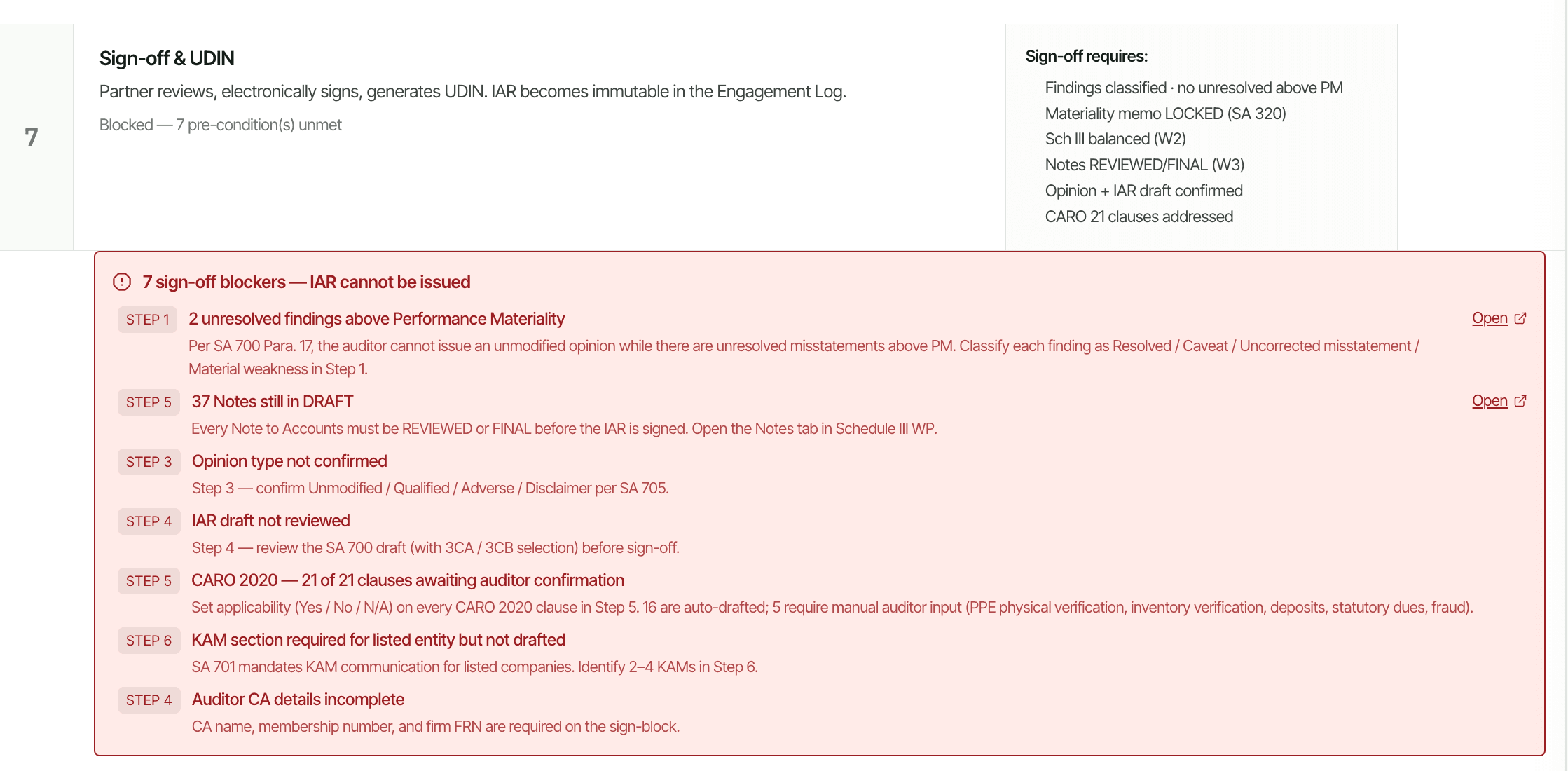 CORAA seven-step sign-off interface