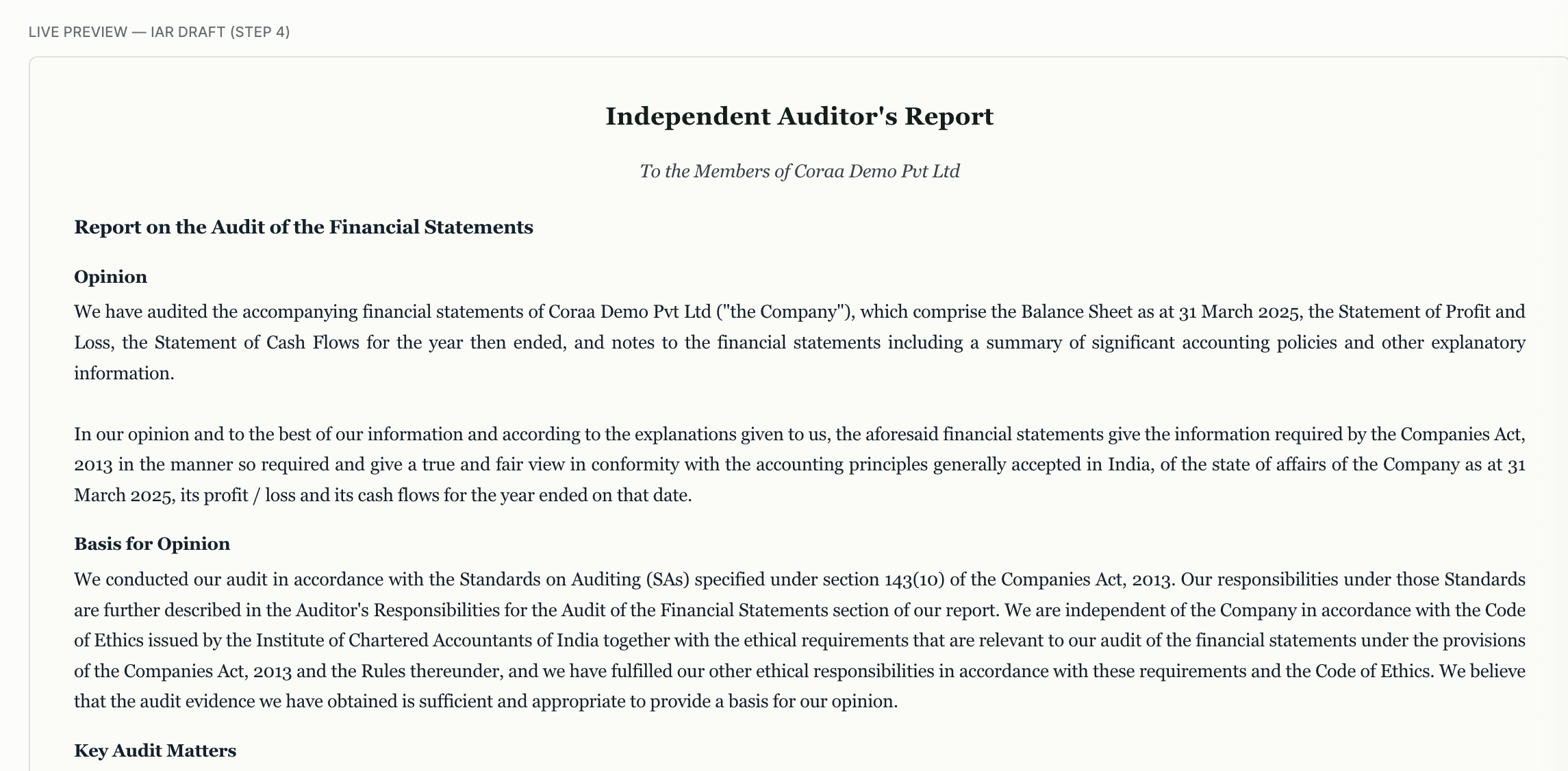 CORAA Auditor's Report live preview during seven-step sign-off