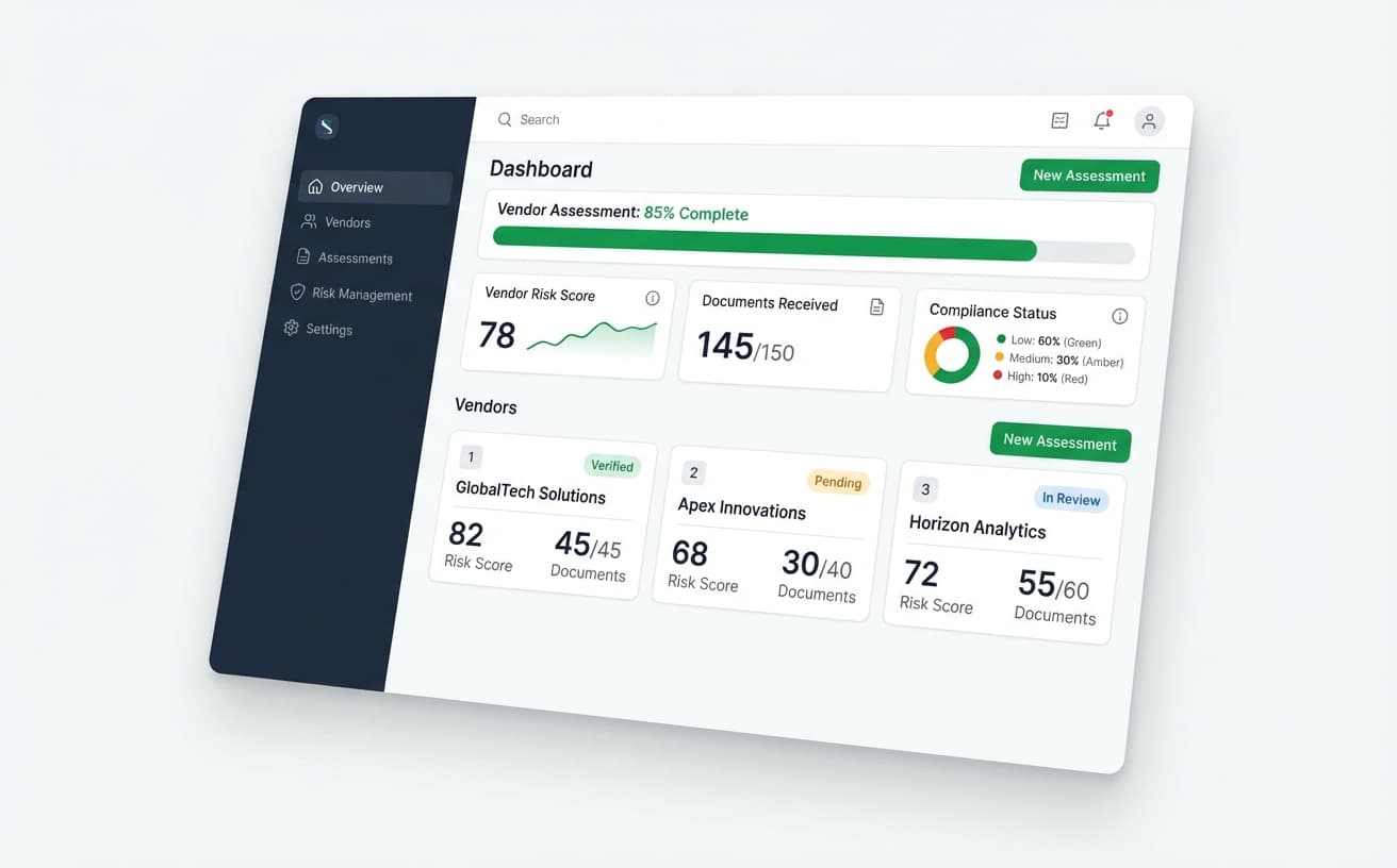 Coraa Compliance Dashboard showing vendor verification and risk assessment
